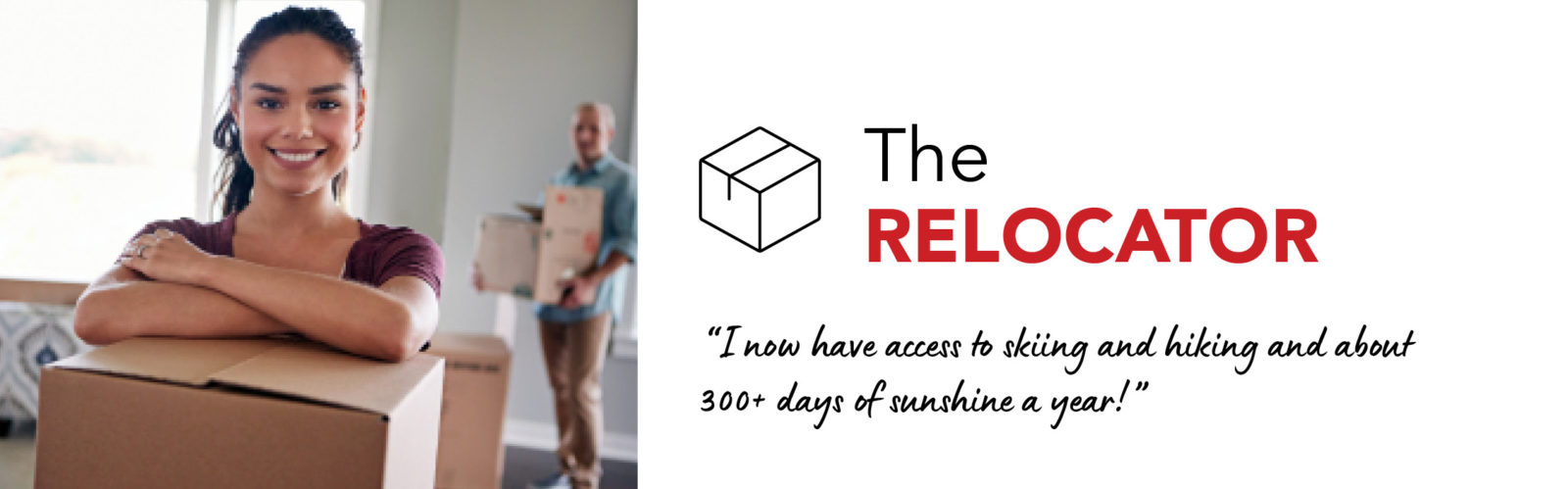 A woman holding a box labeled "the relocator" showcasing exceptional expertise in change management.